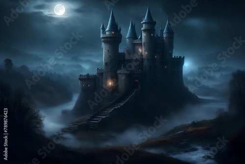 an atmospheric castle panorama  with turrets rising through the fog under the moonlight.