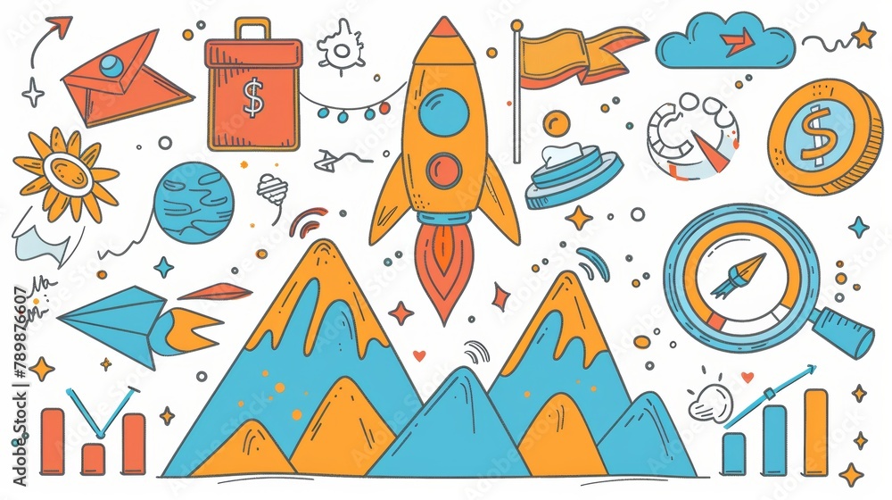 Start up icons, project launch, business start up idea modern set. Rocket, money flower, briefcase, and mountain peak with flag, achievement, and handshake. Trophy, chart, or graph. Start up icons, project launch, business start up idea modern set. Rocket, money flower, briefcase, and mountain peak with flag, achievement, and handshake. Trophy, chart, or graph.
