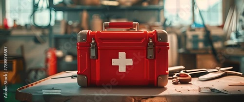 First aid kit on a table, with the workshop scene blurred behind photo