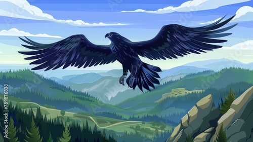 Illustration of a black eagle, falcon, or hawk flying with outspread wings over a green valley, rocks, and spruces.