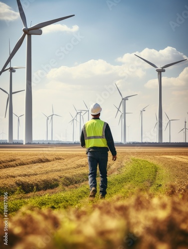 An engineer walks through a field of wind turbines, inspecting them for any damage.