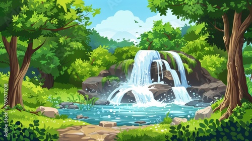 Modern illustration of a summer forest landscape with cascade waterfall  water falling off stones  a lake  green trees  grass  and a path.