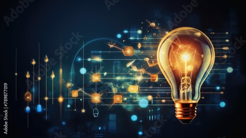 An illustration of a light bulb with glowing yellow light and and orange glow around it, representing a bright idea. photo