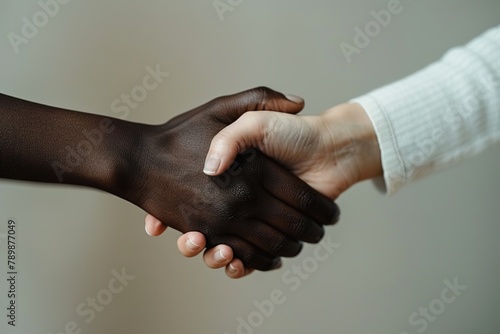 Two hands from diverse backgrounds engage in a firm handshake.