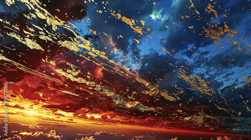 An abstract vision of a golden sunrise over a mystic land, where the sky transitions from deep blue to vibrant red, with gold and black streaks reflecting off the clouds,