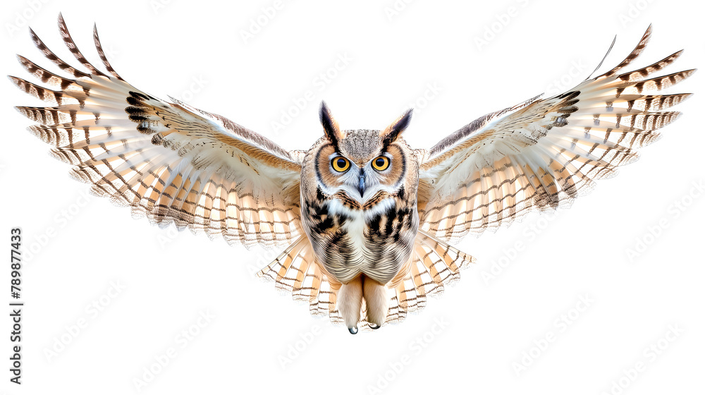 A large owl with its wings spread wide is flying in the air A large owl with its wings spread wide is flying in the air