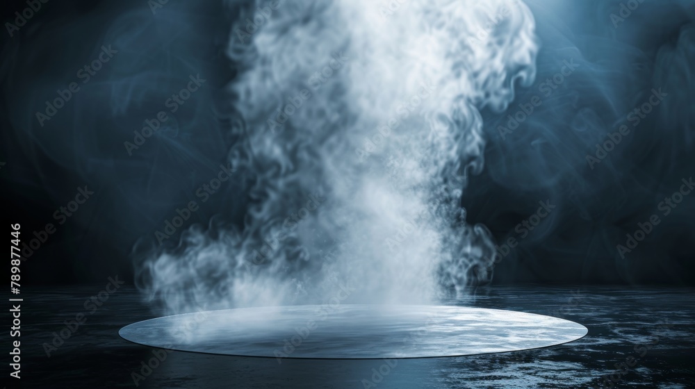 Isolated steam circle at night club, magic haze, natural evaporation. Realistic 3d modern mockup of clouds and fog.