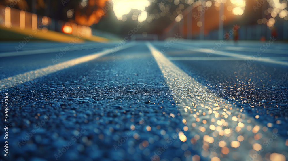 blue plastic runway in the morning run sports clean road camera down blue plastic runway in the morning run sports clean road camera down