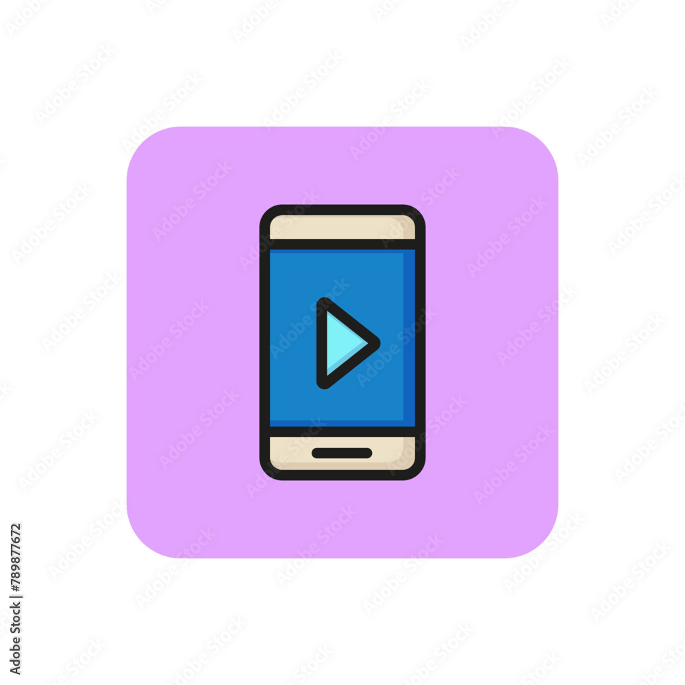 Icon of phone with play sign. Smartphone, application, media. Video content concept. Can be used for topics like mobile apps, audio, video. Icon of phone with play sign. Smartphone, application, media. Video content concept. Can be used for topics like mobile apps, audio, video.