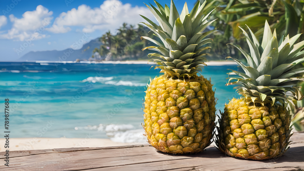 Fresh Pineapple on Wooden Table with Beach Background Fresh Pineapple on Wooden Table with Beach Background