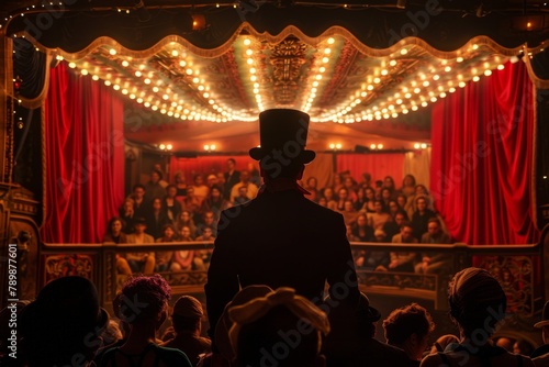 Man in a top hat standing in front of a circus. Magician background. 