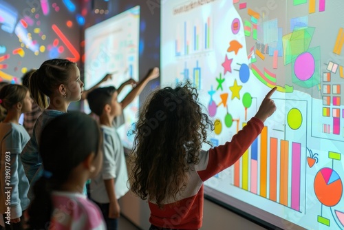 Group of diverse children using interactive whiteboard in classroom photo