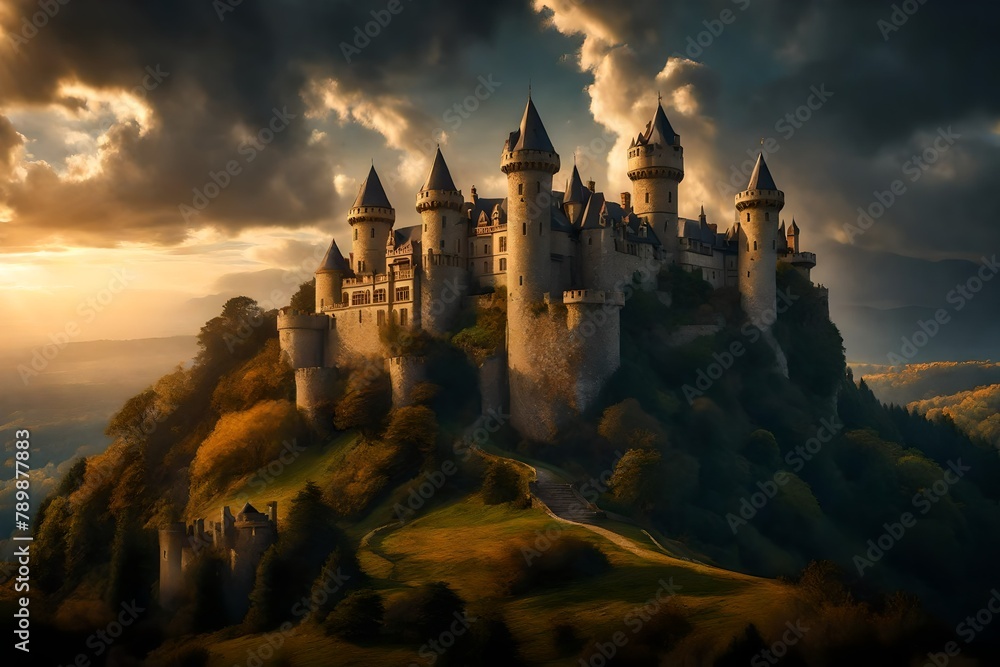 the grandeur of a castle on a hill, with turrets reaching for the clouds under a golden dawn. the grandeur of a castle on a hill, with turrets reaching for the clouds under a golden dawn.
