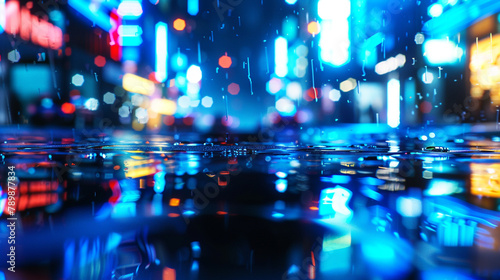 An electric blue and matte black abstract composition, where defocused lights look like neon signs reflecting off wet city streets. The atmosphere is vibrant and energetic.