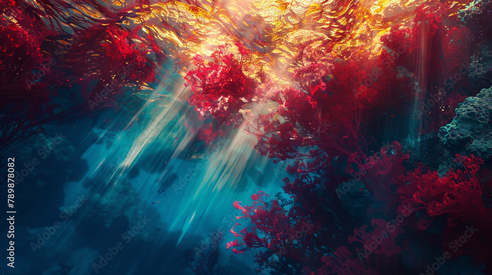 An underwater dreamscape where golden sunlight filters through the deep blue sea, illuminating red coral and casting shadows that blend into the dark abyss, 