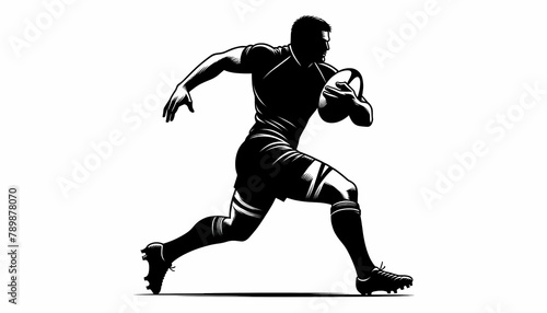 Black image of rugby player on white background.
