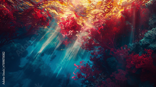 An underwater dreamscape where golden sunlight filters through the deep blue sea, illuminating red coral and casting shadows that blend into the dark abyss, 