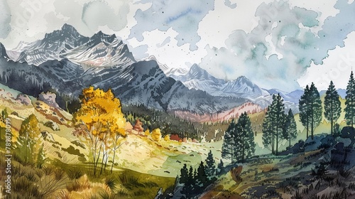 A mountain landscape before and after deforestation, the loss of color and life evident, in a style of watercolor