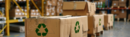 Packaging station using eco-friendly materials, highlighting sustainable supply chain practices and carbon footprint reduction