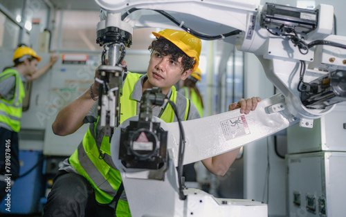 Robotic engineer examining robot arm machine for repairing service. Modern technology technician working on hardware maintenance to fix AI mechanical part of futuristic industrial automated equipment.