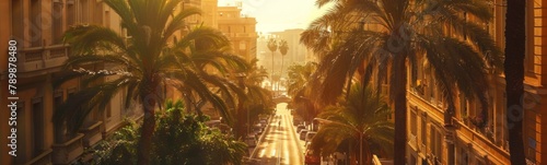 Many palm trees lining the street in this city. Banner © kramynina