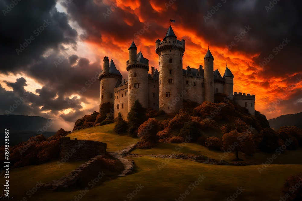 a majestic castle against a backdrop of fiery clouds, capturing the drama of a stormy evening. a majestic castle against a backdrop of fiery clouds, capturing the drama of a stormy evening.