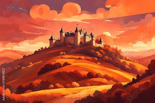 a picturesque castle on a hill  framed by rolling hills and a sky painted in warm hues.