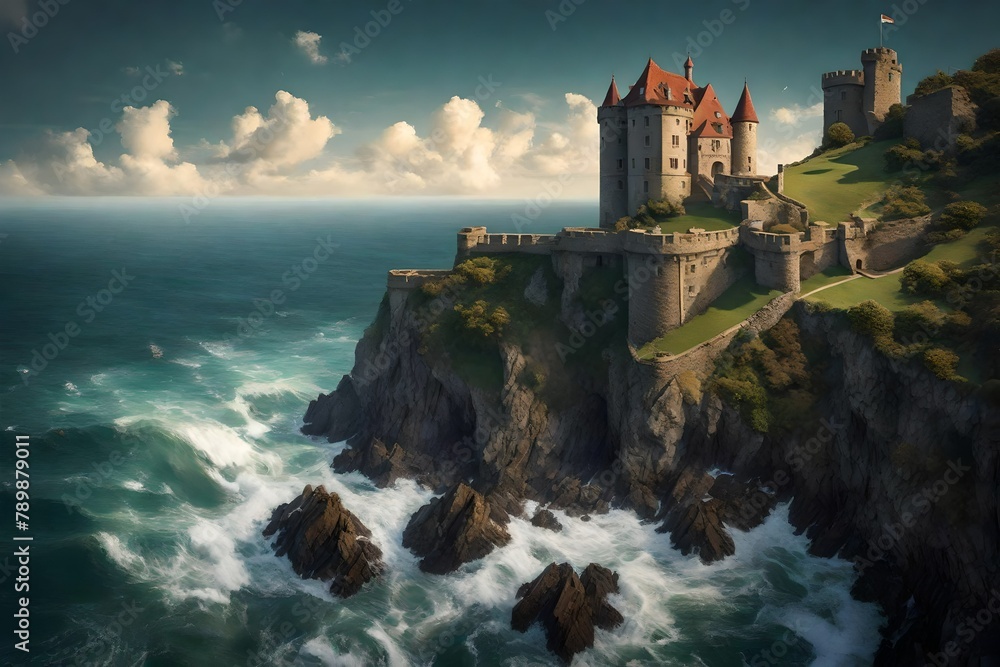 the romance of a castle on a cliff, overlooking the sea as the waves crash below. the romance of a castle on a cliff, overlooking the sea as the waves crash below.