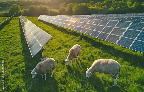 An aerial image of sheep munching on a verdant grass field with solar panels. different source of energy. photo