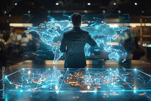 A businessman stands in front of a large transparent screen with a map of the world on it. He is looking at the map and there are many lights and connections on the map.