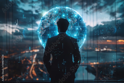 A businessman standing in front of a window looking at a futuristic city with a glowing globe of the earth in front of him. photo