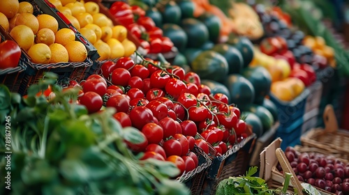 A close up of a variety of fresh fruits and vegetables at a market photo