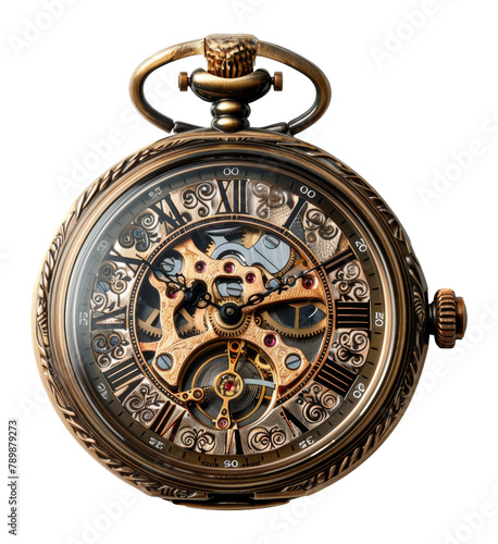 Open antique pocket watch revealing intricate gears isolated on transparent background