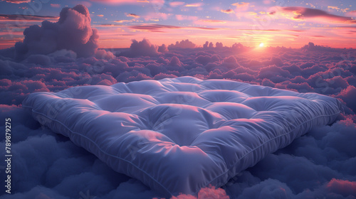 Dreamy comfort above the clouds: a large plush duvet against a surreal sunset sky. photo