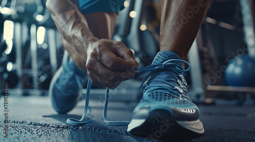 Close up of a athletic man tying shoelace photo