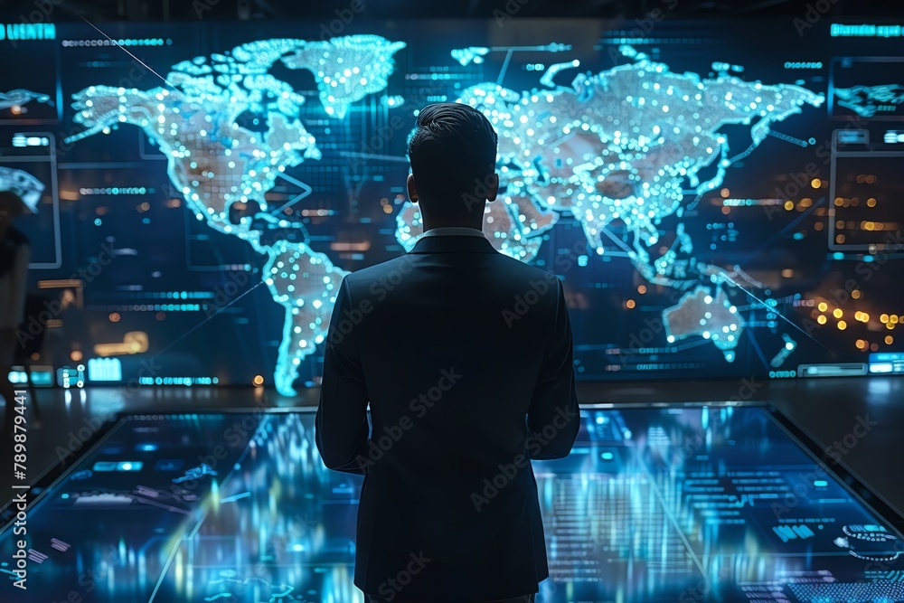 A man in a suit standing in front of a large world map made of blue dots and lines. A man in a suit standing in front of a large world map made of blue dots and lines.
