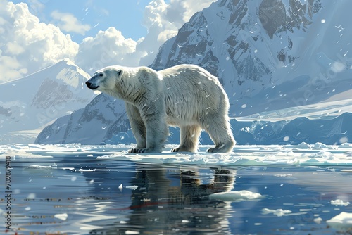 A large polar bear standing on an ice floe in the Arctic Ocean. photo