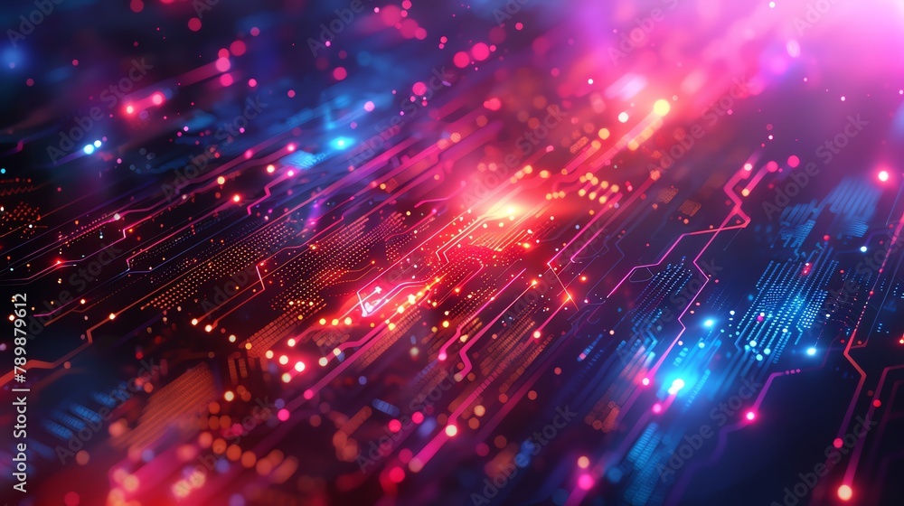 Circuit board with red and blue lights Circuit board with red and blue lights
