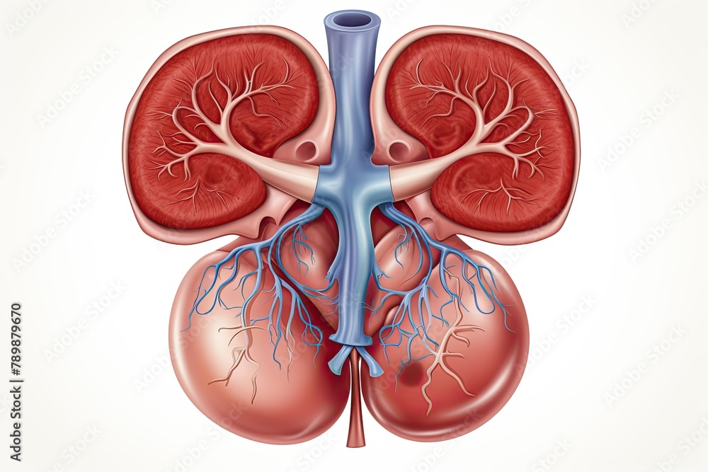 A detailed diagram showing the structure of the human kidney, including the renal cortex, renal medulla, nephrons, and renal pelvis. Generative AI A detailed diagram showing the structure of the human kidney, including the renal cortex, renal medulla, nephrons, and renal pelvis. Generative AI
