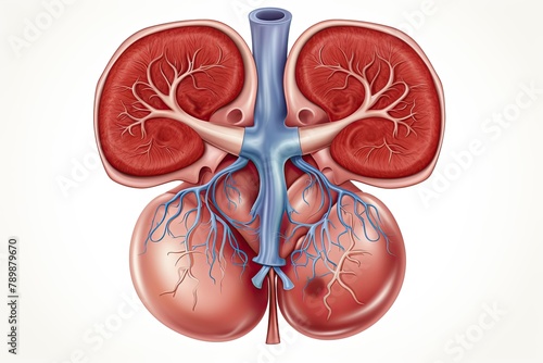 A detailed diagram showing the structure of the human kidney, including the renal cortex, renal medulla, nephrons, and renal pelvis. Generative AI photo