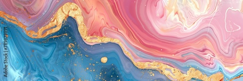 Epoxy resin texture with blue , gold and pink background. Banner Abstract marble waves coloured with crushed gold. Executed in the style of liquid art.