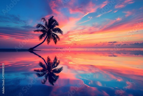 Sunset reflection of two palm trees on a beach with a colorful sky. Summer travel background. 