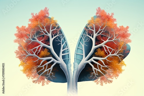 An illustration of human lungs containing miniature trees growing inside them, highlighting the relationship between lungs and nature. Generative AI photo