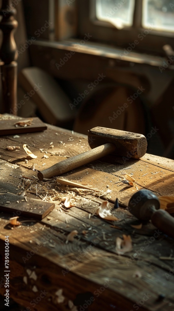 Many tools on a table with a window in the background. Vertical background Many tools on a table with a window in the background. Vertical background