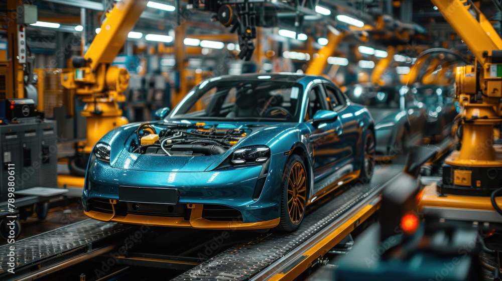 A generic EV battery pack on an electric car production line inside a modern factory, The lithium-ion high-voltage battery is designed for electric vehicles or hybrid cars.