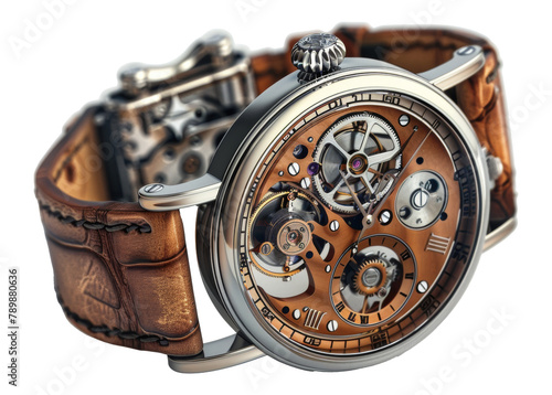 Mechanical wristwatch with visible gears and brown leather strap isolated on transparent background