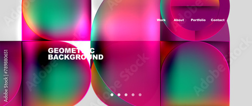 An electric blue, magenta, and violet geometric background with colorful circles and squares in a liquid pattern. The design includes rectangles and circles in a vibrant and colorful font