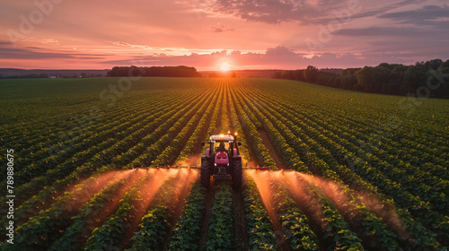 aerial view shows a tractor spraying pesticides on a green soybean plantation at sunset.