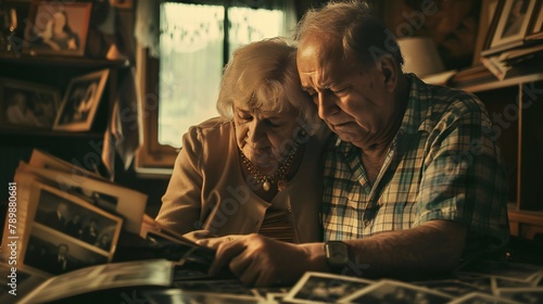 Sharing a tearful embrace as they, the old couple, sort through old photographs in their attic.