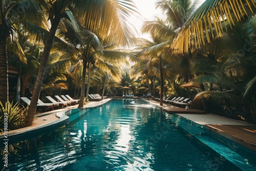 Pool with lounge chairs and palm trees in the background. Summer travel background. 